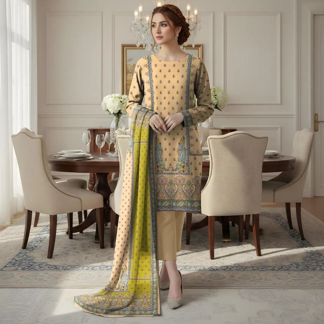 Yellow Printed Dobby Lawn 3Pcs Shirt Dupatta Trouser Set
