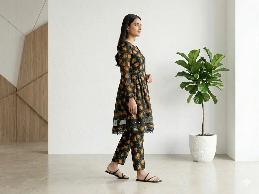 2 Pcs Women's Stitched Lawn Digital Print Frock And Trouser with Lace and Tissue
