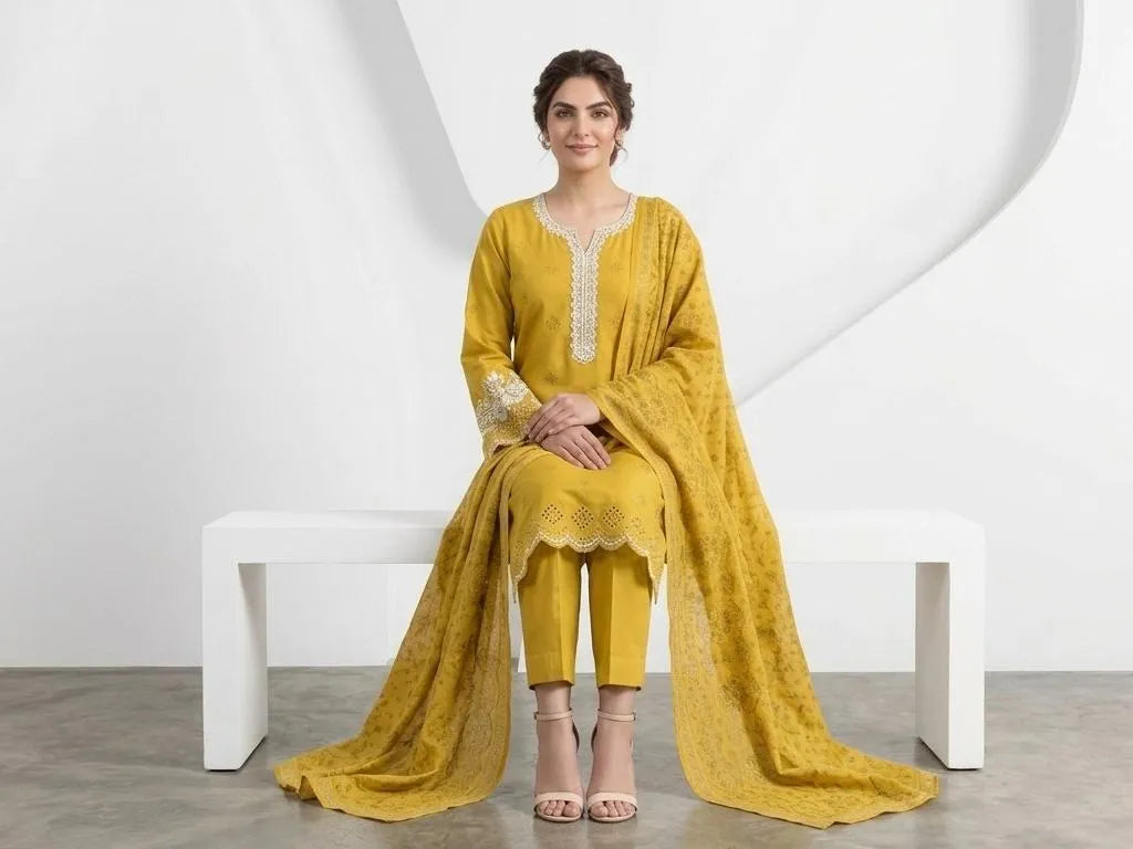 Mustard Embroidered 3Pcs Cotton Lawn