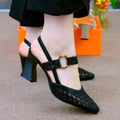 Women's Mesh Breathable High-Heeled Sandals Baotou 2025 New Summer Medium-Heeled Thick-Heeled Pointed-Toe Buckle Flats
