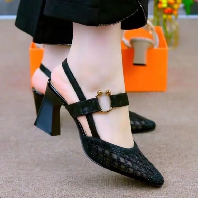 Women's Mesh Breathable High-Heeled Sandals Baotou 2025 New Summer Medium-Heeled Thick-Heeled Pointed-Toe Buckle Flats