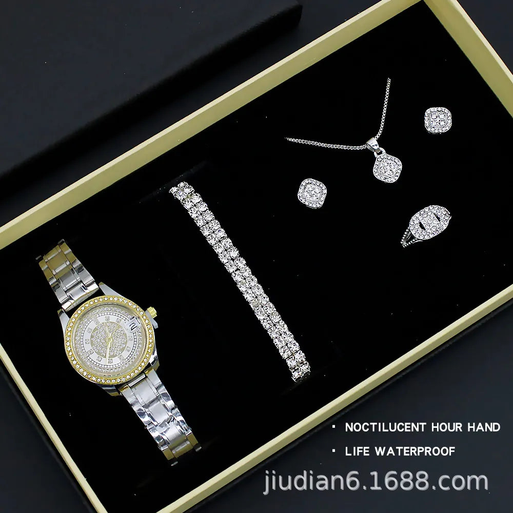 watch 5pcs/set new watch women's fashion quartz watch + jewelry suit foreign trade watch wholesale