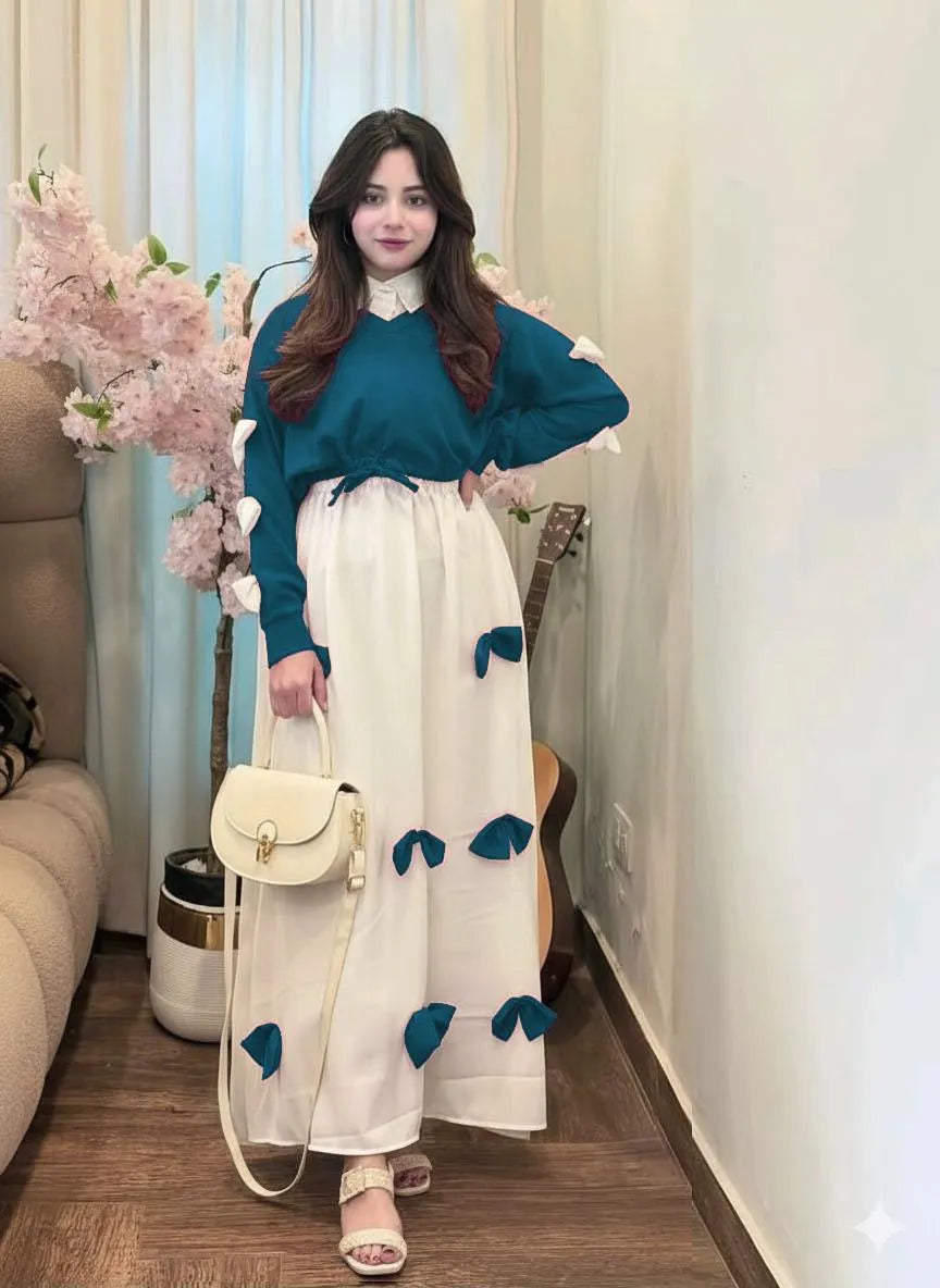 Premium Georgette Bow Top & Maxi Set 2Pcs