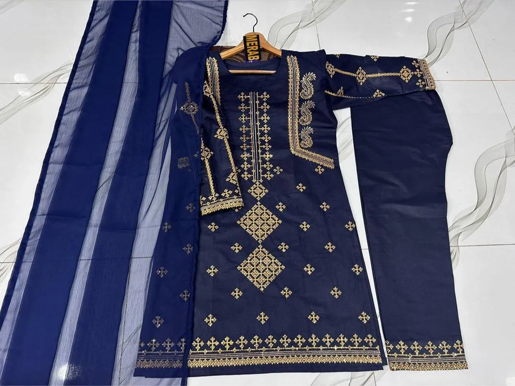 Blue Sequin Embroidered 3-Piece Suit for Women
