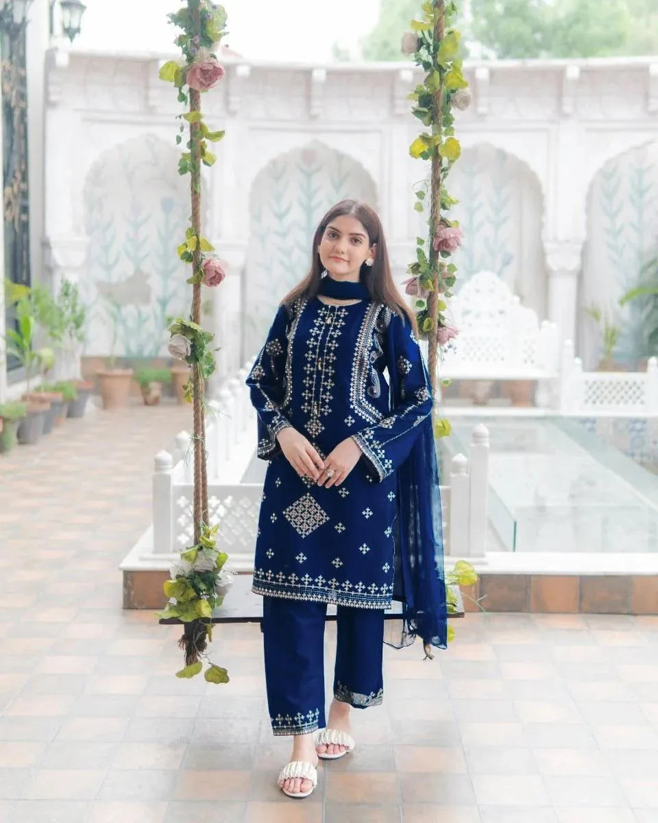 Blue Sequin Embroidered 3-Piece Suit for Women