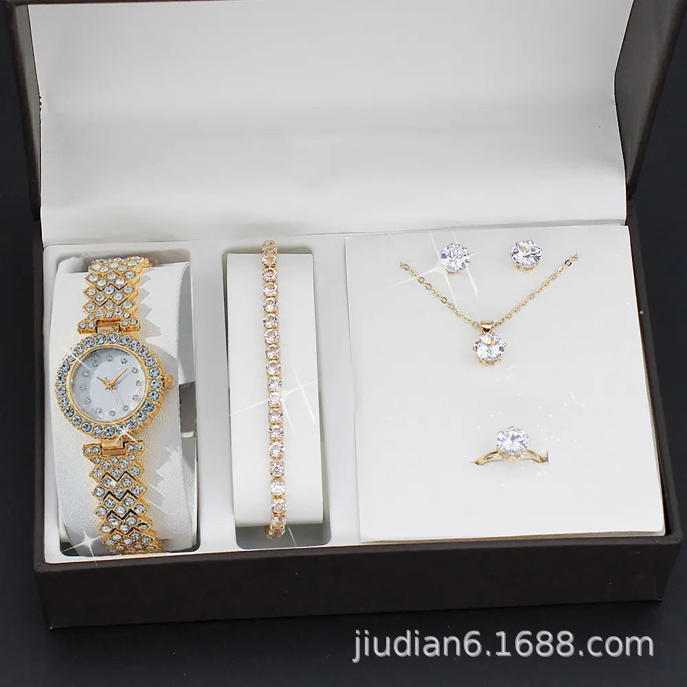 watch 5pcs/set new watch women's fashion quartz watch + jewelry suit foreign trade watch wholesale
