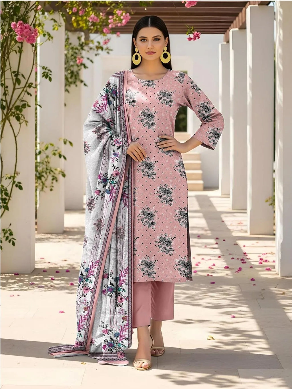 Pakistani Floral Printed Kurta Set with Shawl