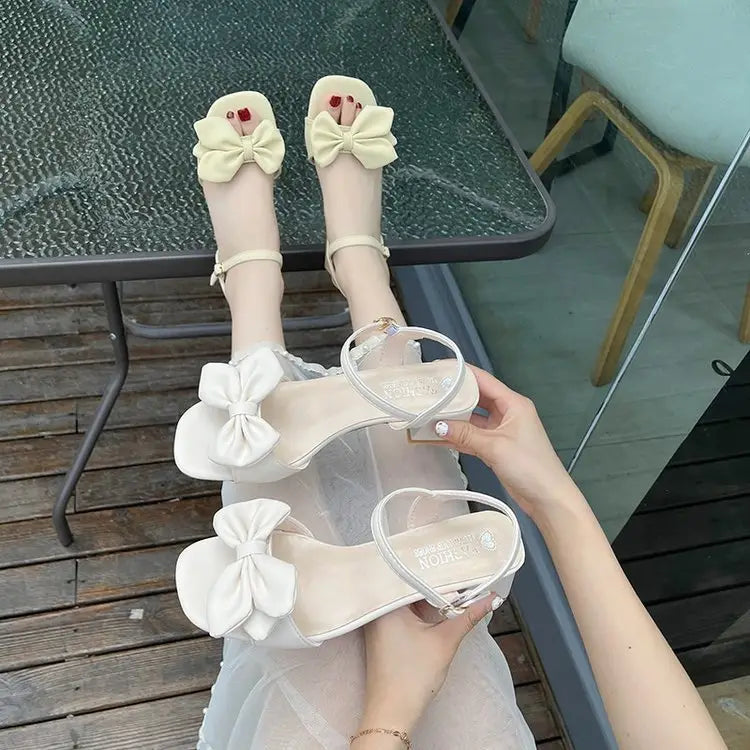 Women's Bow Bowles High Heels White Summer Sandals