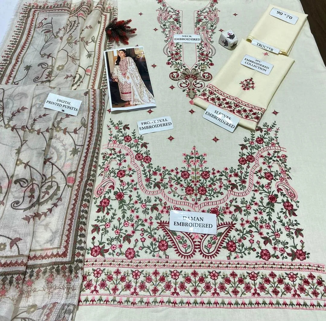 3 Pcs Women's Unstitched Embroidered Suit