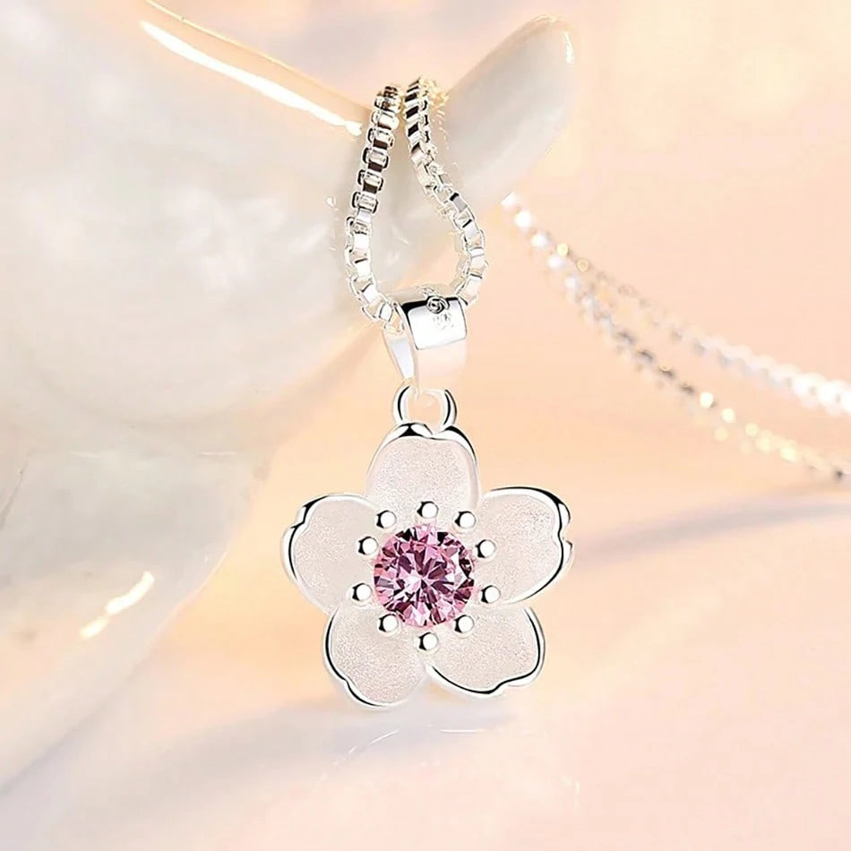 925 Sterling Silver Plated Pink Purple Peach Blossom Necklaces For Women Retro Luxury Jewelry Accessories Freeshiping Items Jewellery