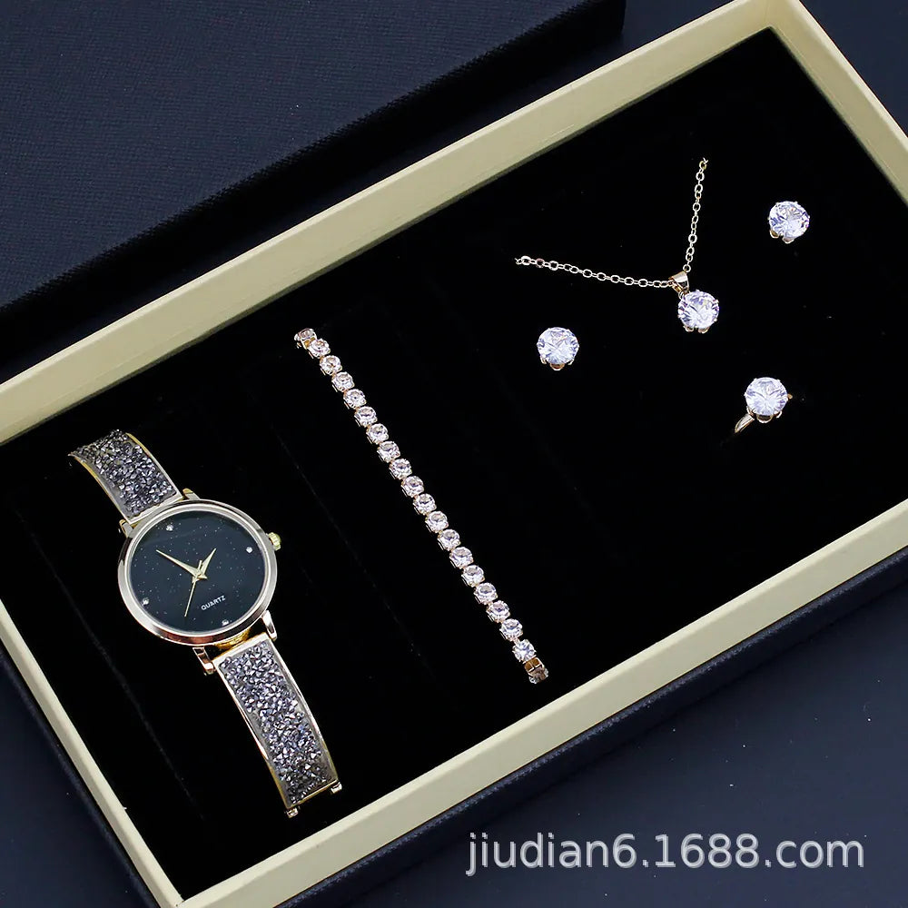 watch 5pcs/set new watch women's fashion quartz watch + jewelry suit foreign trade watch wholesale