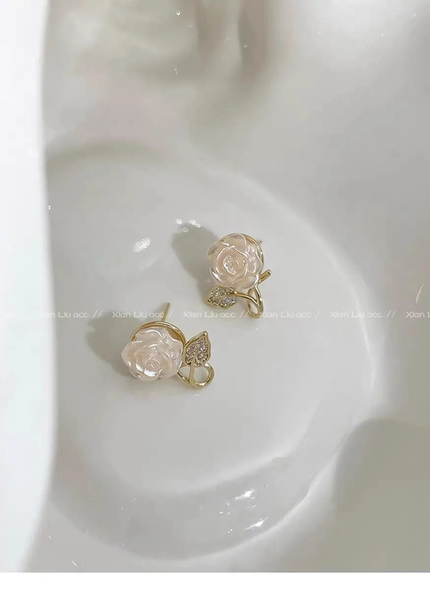 White Rose Korean Earrings for Women Wedding Office