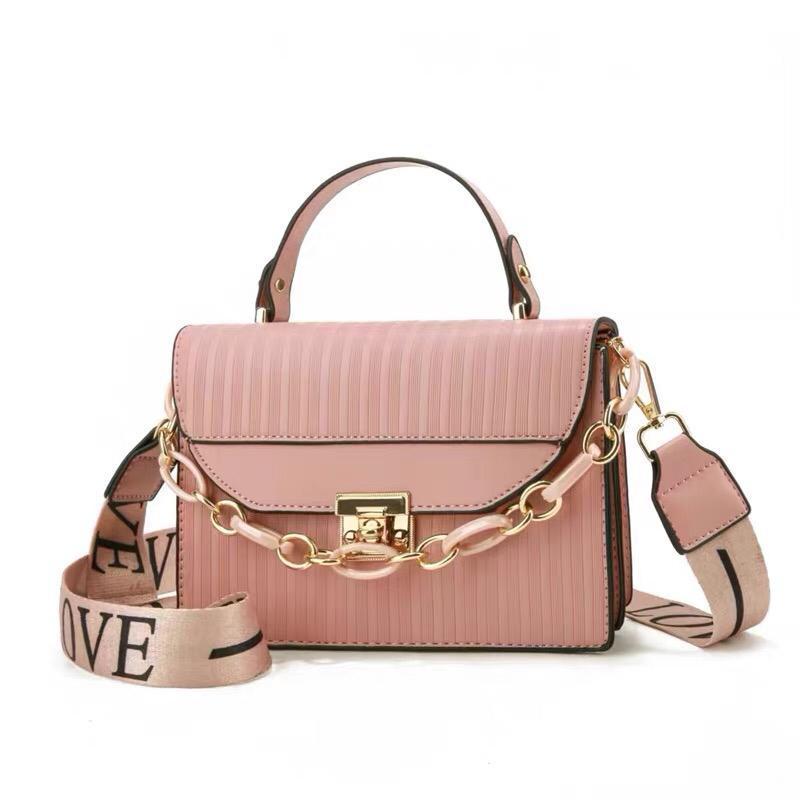 Black Striped Shoulder Bag with Gold Chain & "LOV" Strap