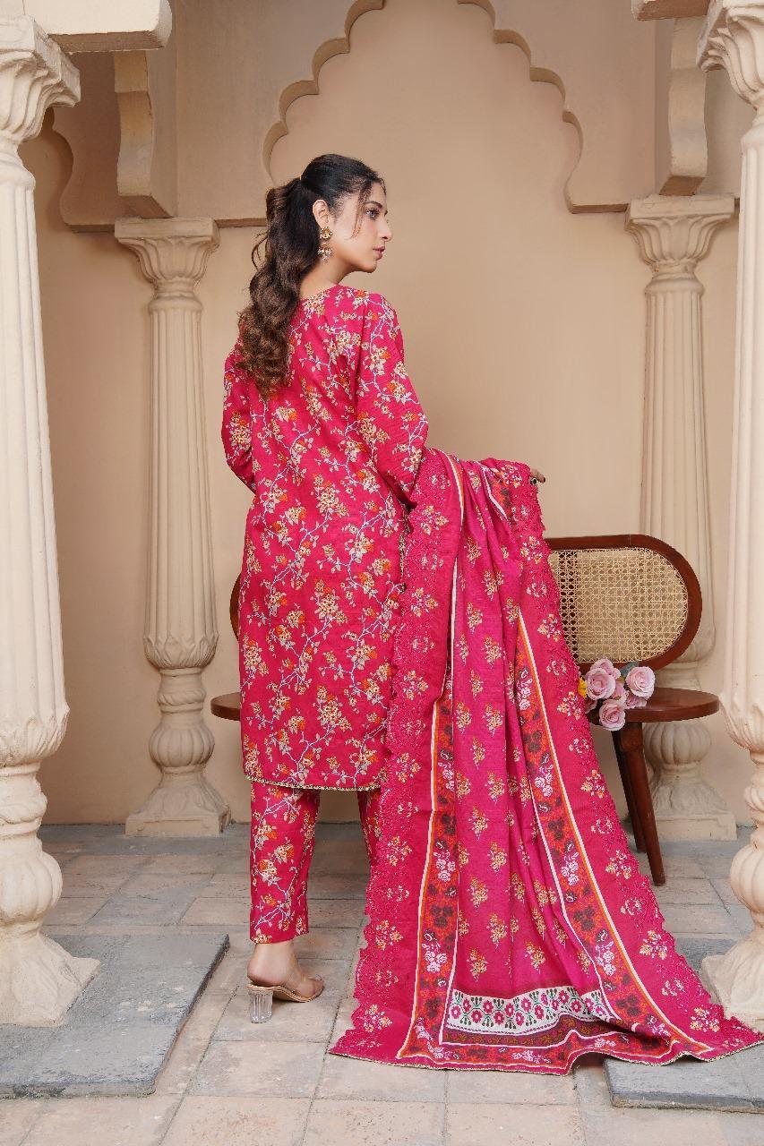 Stunning Pink Khaddar Suit Set - 3 Pcs with Embroidered & Printed Patterns