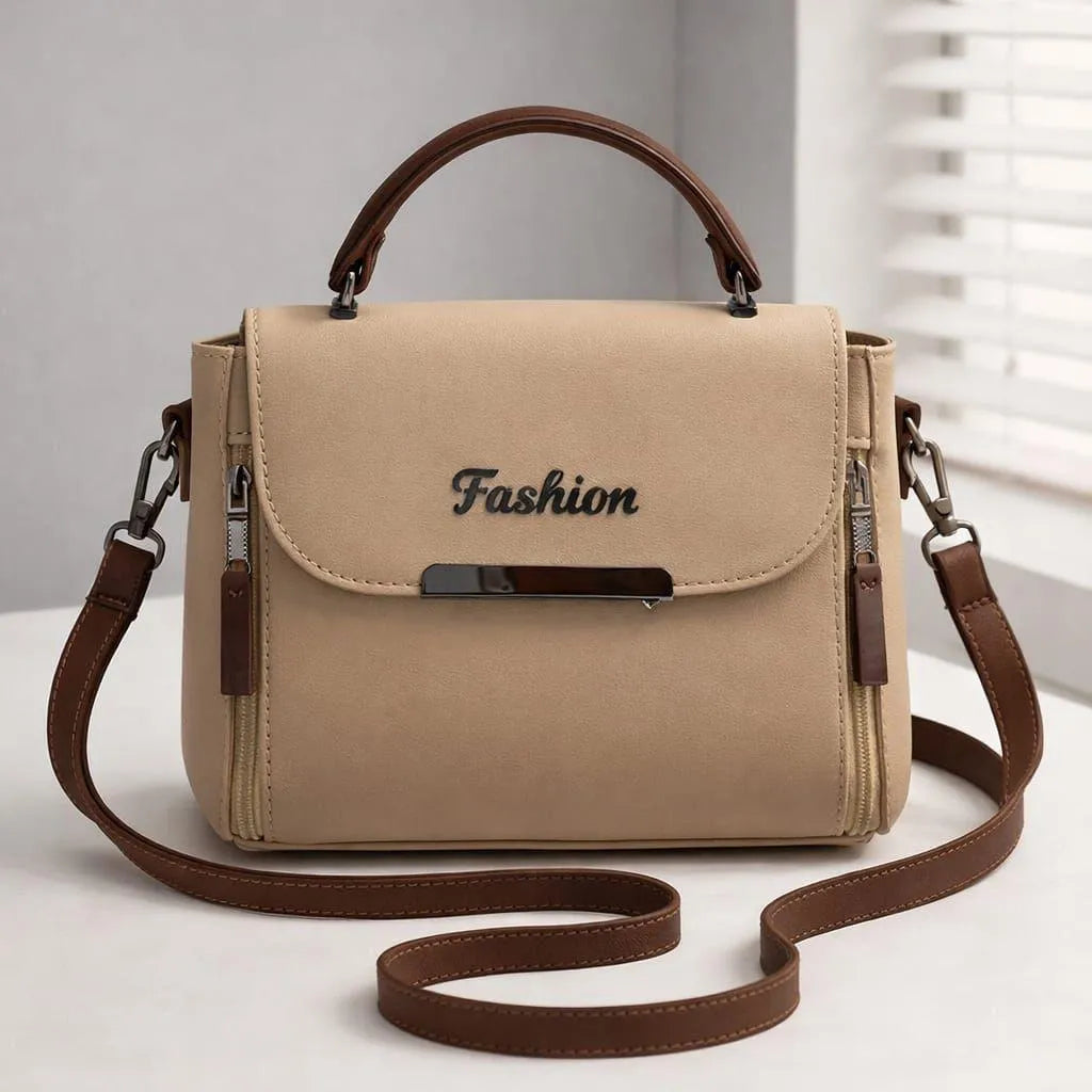 Women's Beige Shoulder Bag with Embroidered Logo
