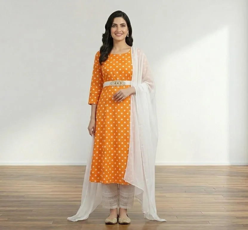 Orange Polka Dot Kurta Set with White Shawl