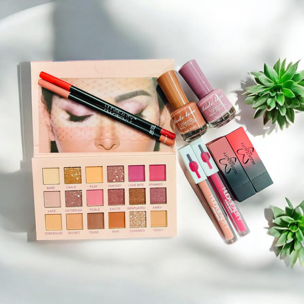9-in-1 Makeup Set for Pakistani Women, 16 Shades Eyeshadow, 2 Lip Glosses, 2 Lipsticks, 2 Lip Pencils, 2 Peel-off Nail Polishes