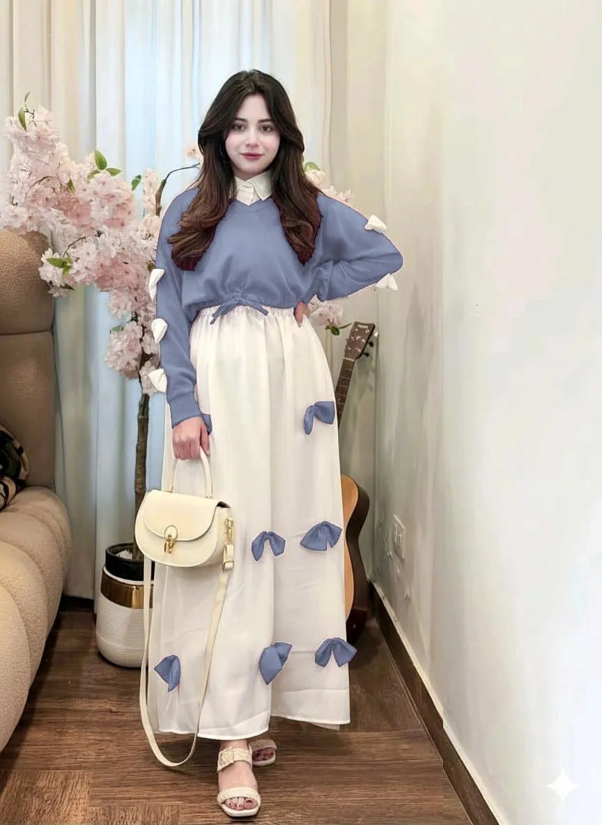 Premium Georgette Bow Top & Maxi Set 2Pcs
