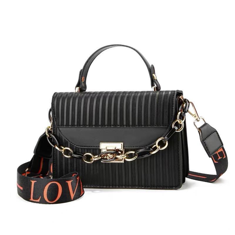 Black Striped Shoulder Bag with Gold Chain & "LOV" Strap
