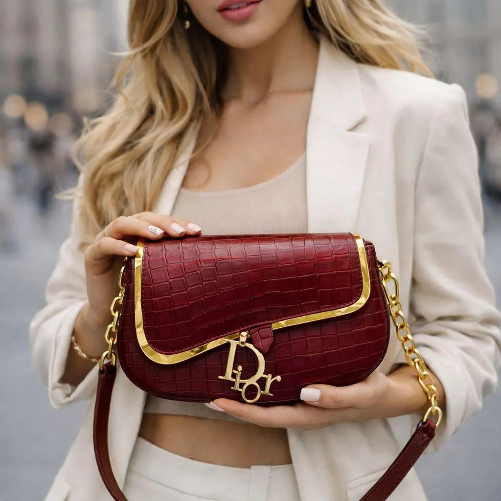 Maroon Croc Embossed Rexine Shoulder Bag with Gold Hardware