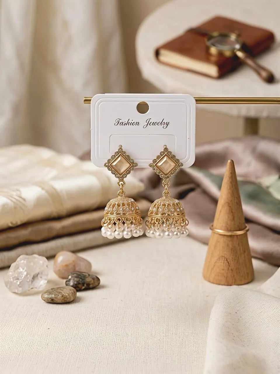 Golden Crystal Jhumka Earrings for Women