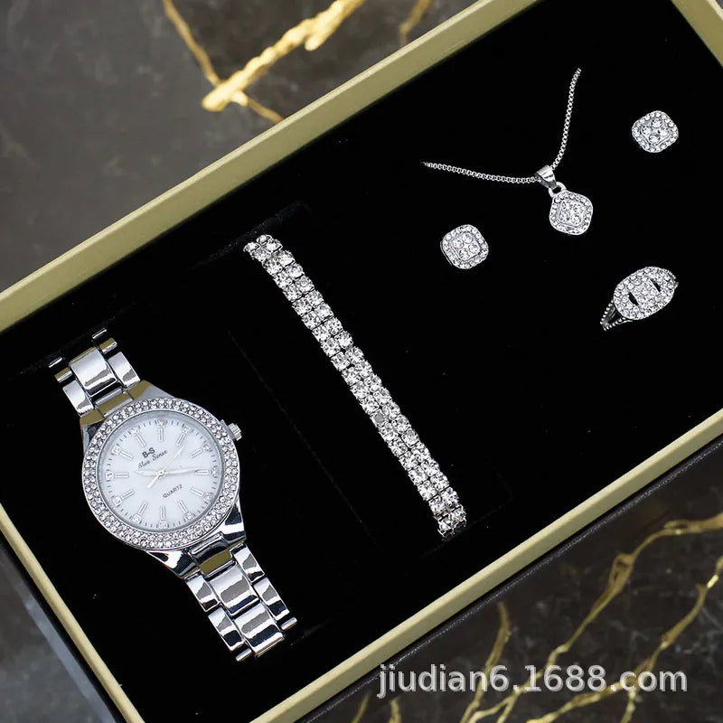 watch 5pcs/set new watch women's fashion quartz watch + jewelry suit foreign trade watch wholesale
