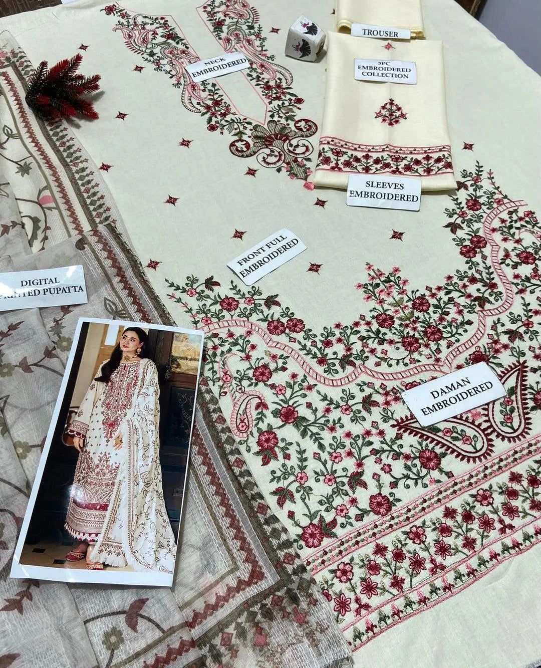 3 Pcs Women's Unstitched Embroidered Suit
