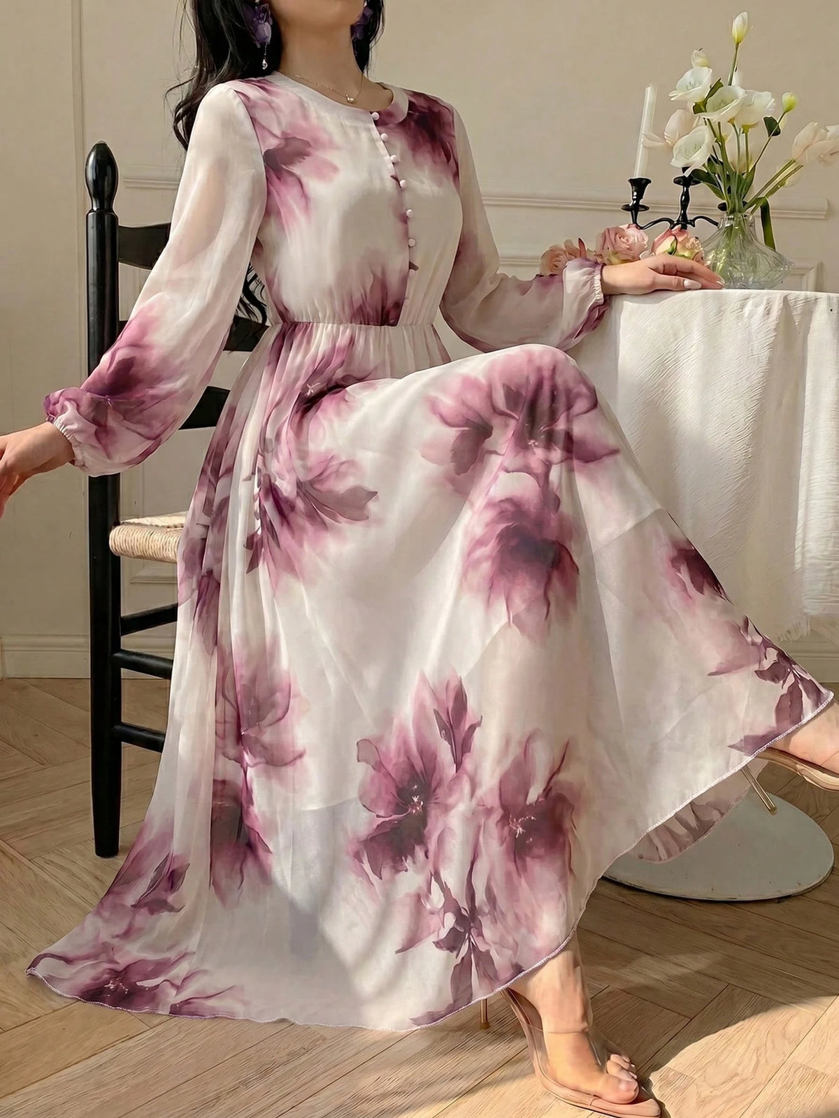 Modelyn Spring & Summer Fashion Flat Collar Long Sleeve Chiffon Floral Print Fitted Flared Dress