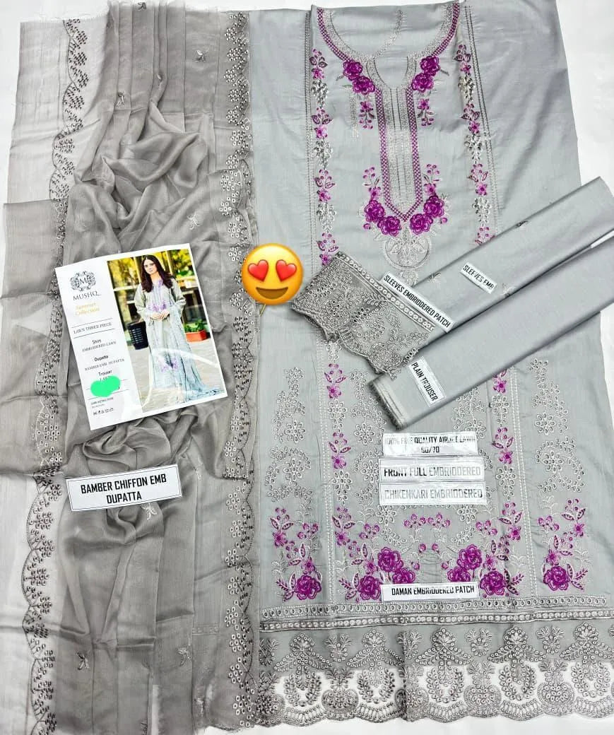Mushq Embroidered Lawn Suit Grey with Chikenkari Dupatta