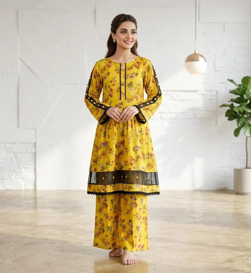 2 Pcs Women's Stitched Lawn Digital Print Frock And Trouser with Lace and Tissue