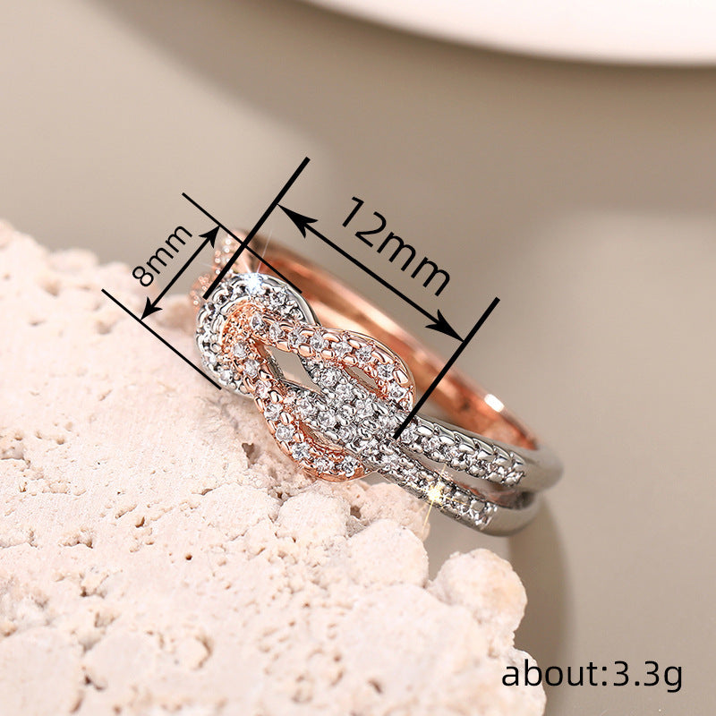 Huajie European and American Cross-Border Two-Color Elegant Ring for Women, Micro-Inlaid Zircon Fashion Ring, Rope Design Jewelry