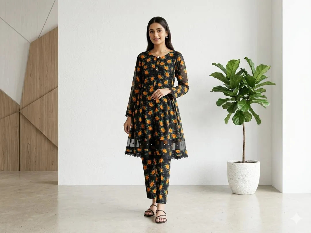 2 Pcs Women's Stitched Lawn Digital Print Frock And Trouser with Lace and Tissue