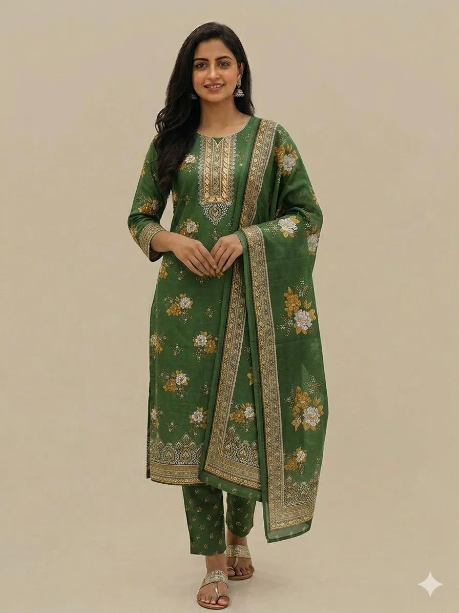 Green Floral Embroidered Kurta Set for Women