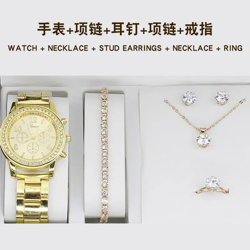 watch 5pcs/set new watch women's fashion quartz watch + jewelry suit foreign trade watch wholesale