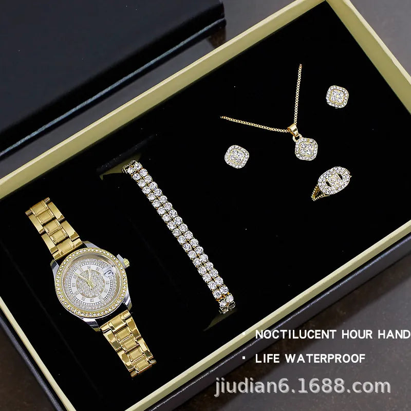 watch 5pcs/set new watch women's fashion quartz watch + jewelry suit foreign trade watch wholesale