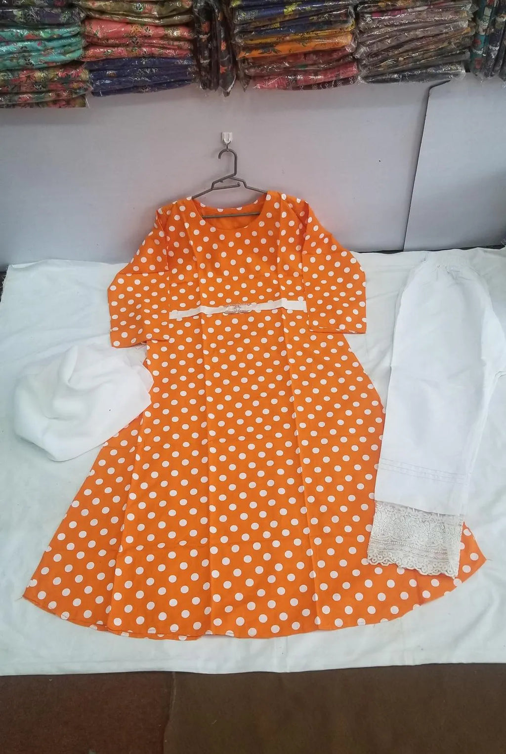 Orange Polka Dot Kurta Set with White Shawl
