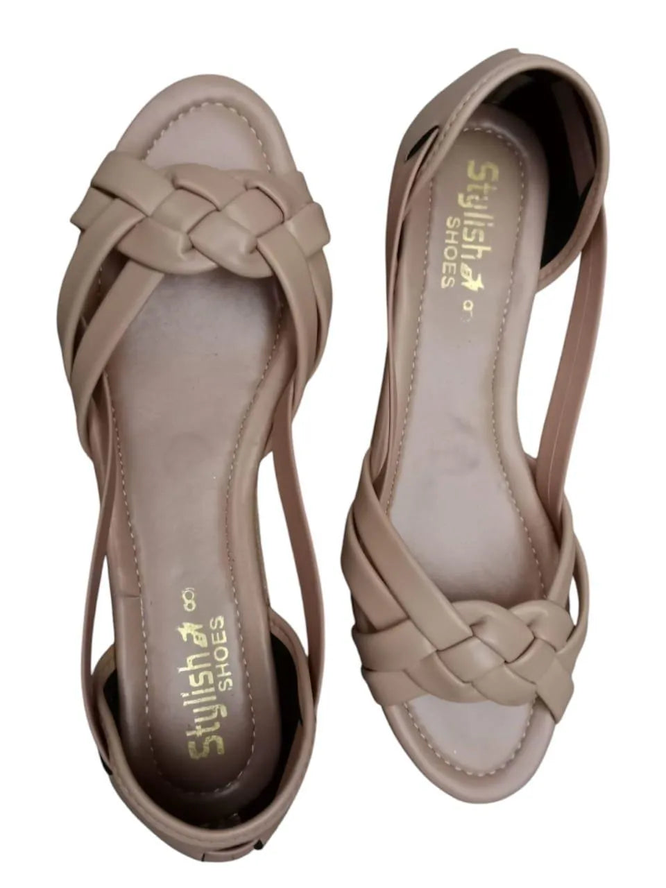 Beige Braided Synthetic Leather Women's Flats