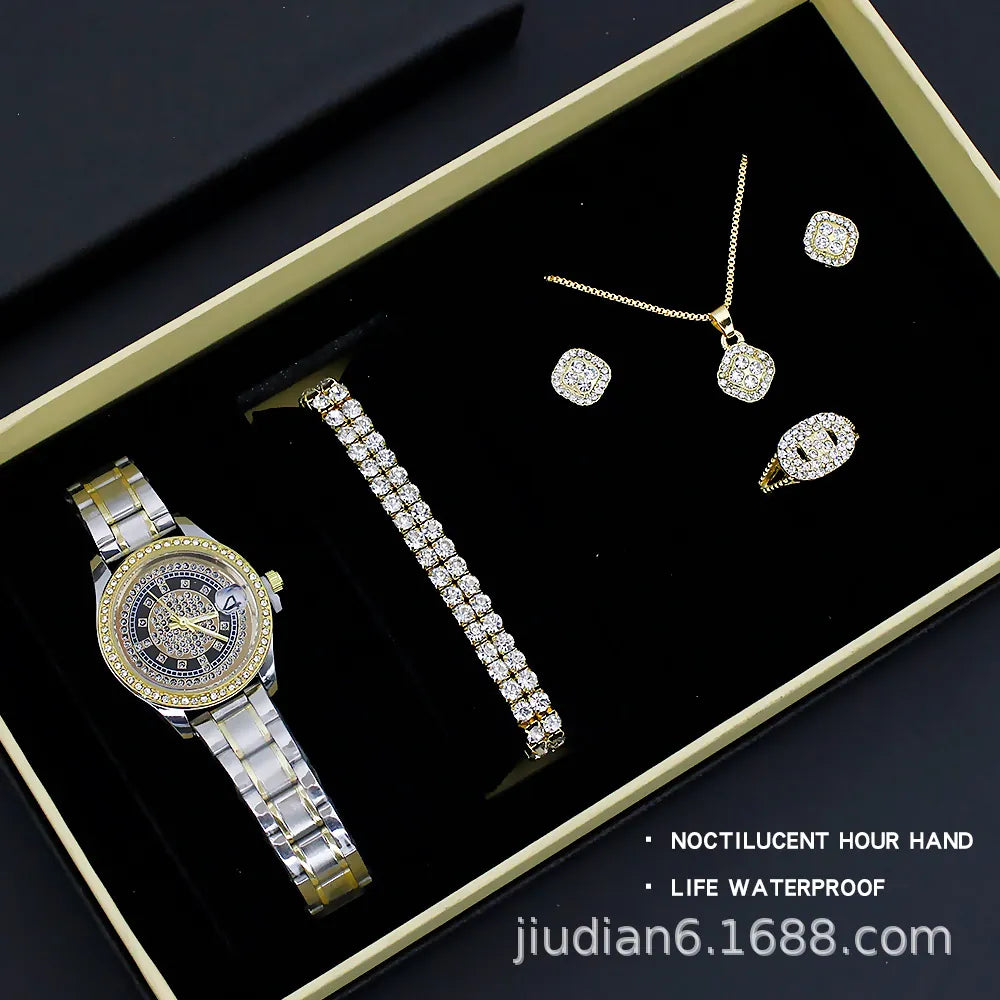 watch 5pcs/set new watch women's fashion quartz watch + jewelry suit foreign trade watch wholesale
