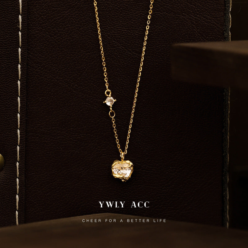 European and American irregular love shape zircon pendant necklace for women ins style shiny design sweater chain necklace for women