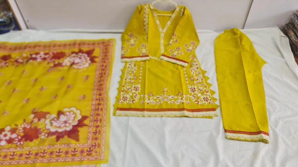 Mustard Embroidered 3Pcs Cotton Lawn Suit with Printed Dupatta