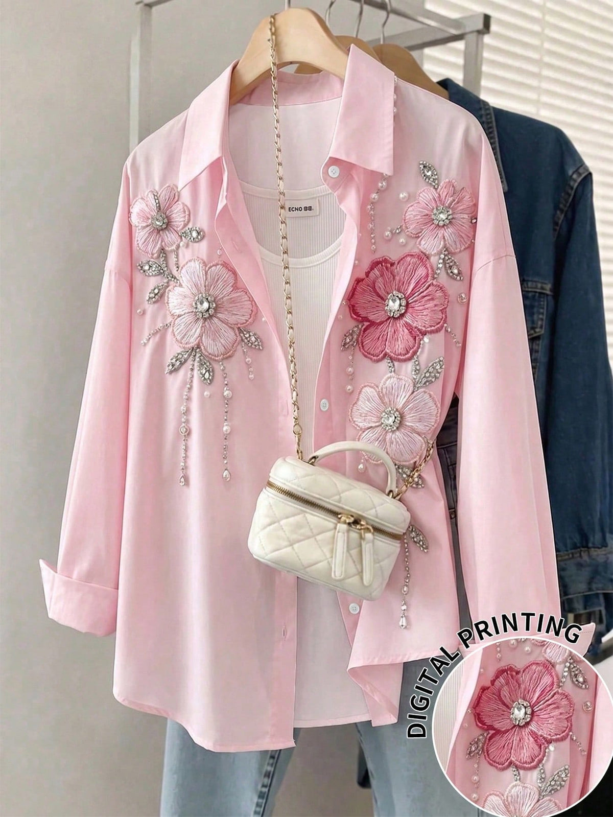 Resyla Floral Decor Casual Loose Fit Long Sleeve Shirt
