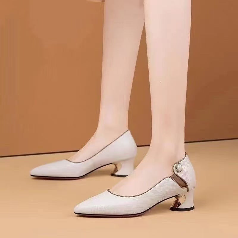 Professional Work Leather Shoes Women's Spring 2025 New Soft Leather Elegant Mid-Heel Shallow Women's Shoes Pointed Thick Heel Single-layer Shoes for Women
