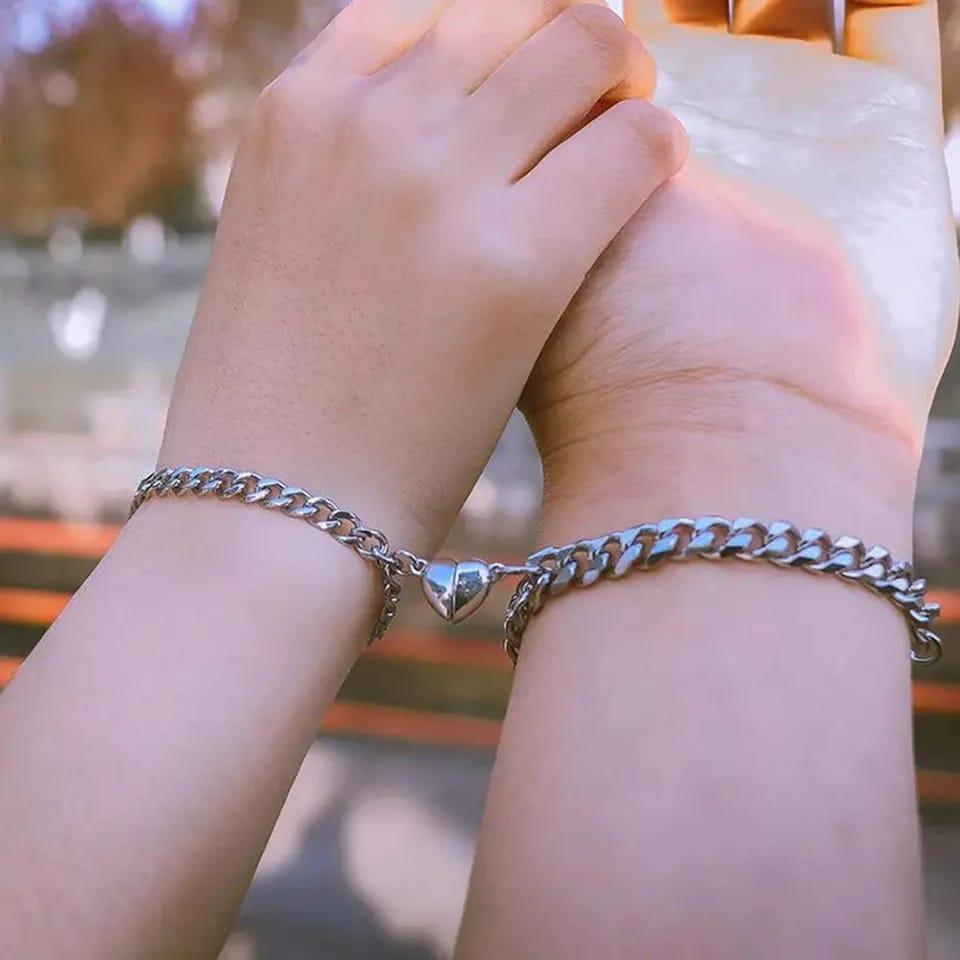 Silver & Gold-Plated  Magnet Heart Design Couple's Bracelet- 2 Pcs