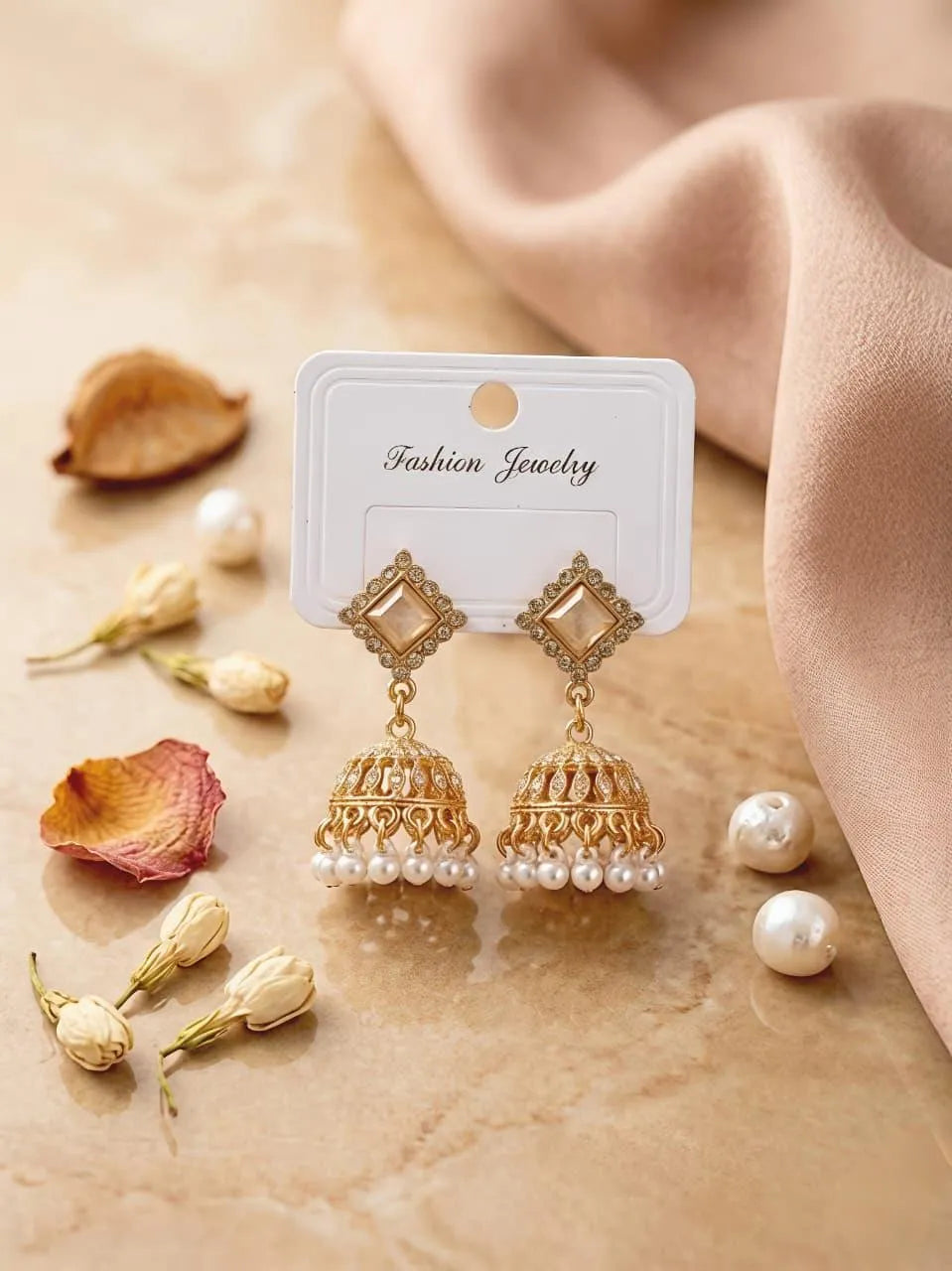 Golden Crystal Jhumka Earrings for Women