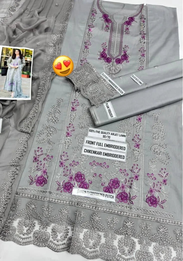 Mushq Embroidered Lawn Suit Grey with Chikenkari Dupatta