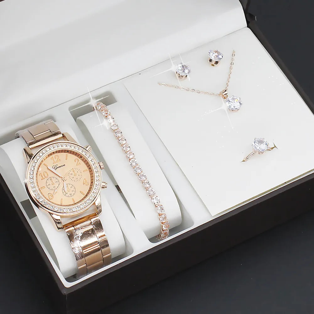 watch 5pcs/set new watch women's fashion quartz watch + jewelry suit foreign trade watch wholesale
