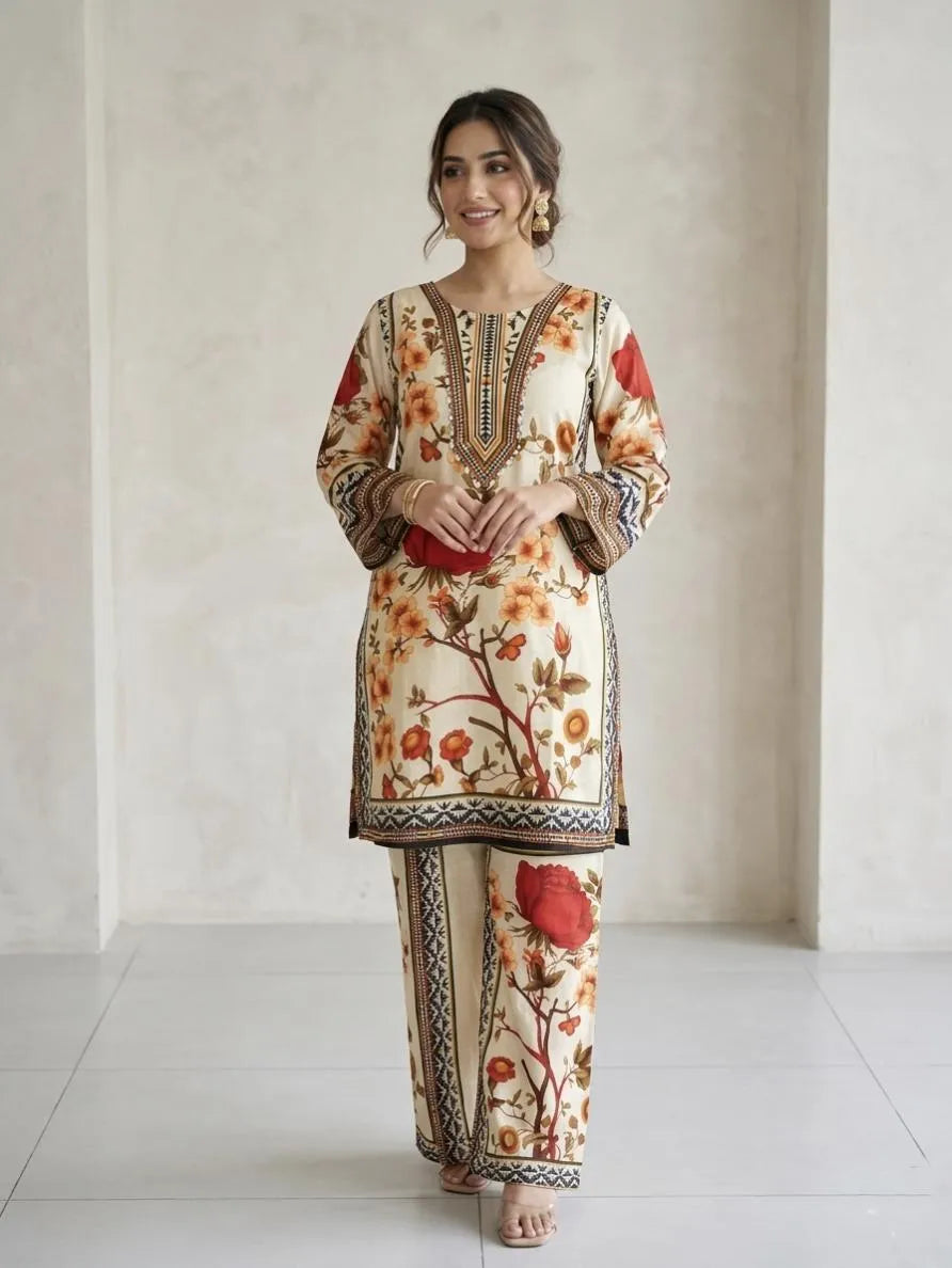 Pakistani Printed Kurta Pajama Set with Embroidered Details