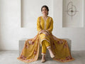 Mustard Embroidered 3Pcs Cotton Lawn Suit with Printed Dupatta