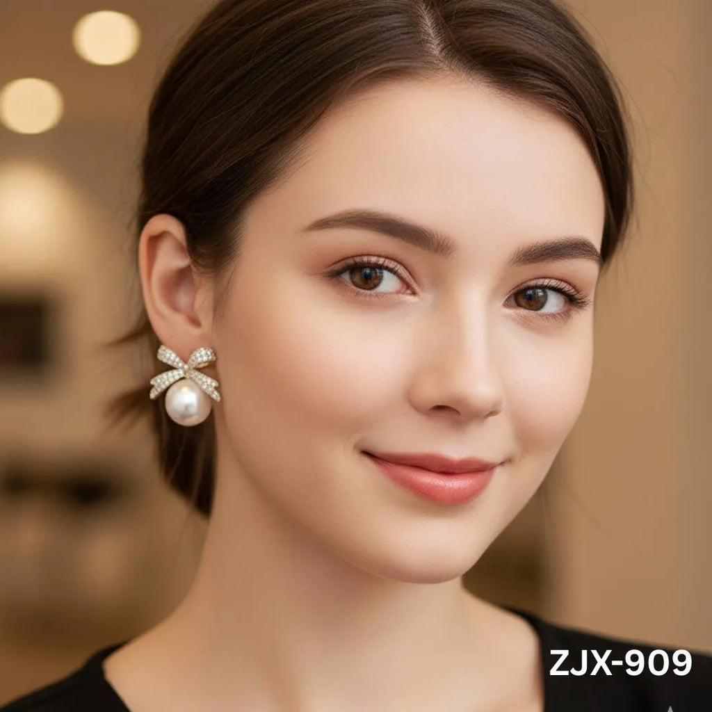 Korean Knot Pearl Earrings Silver Golden Zircon Bow