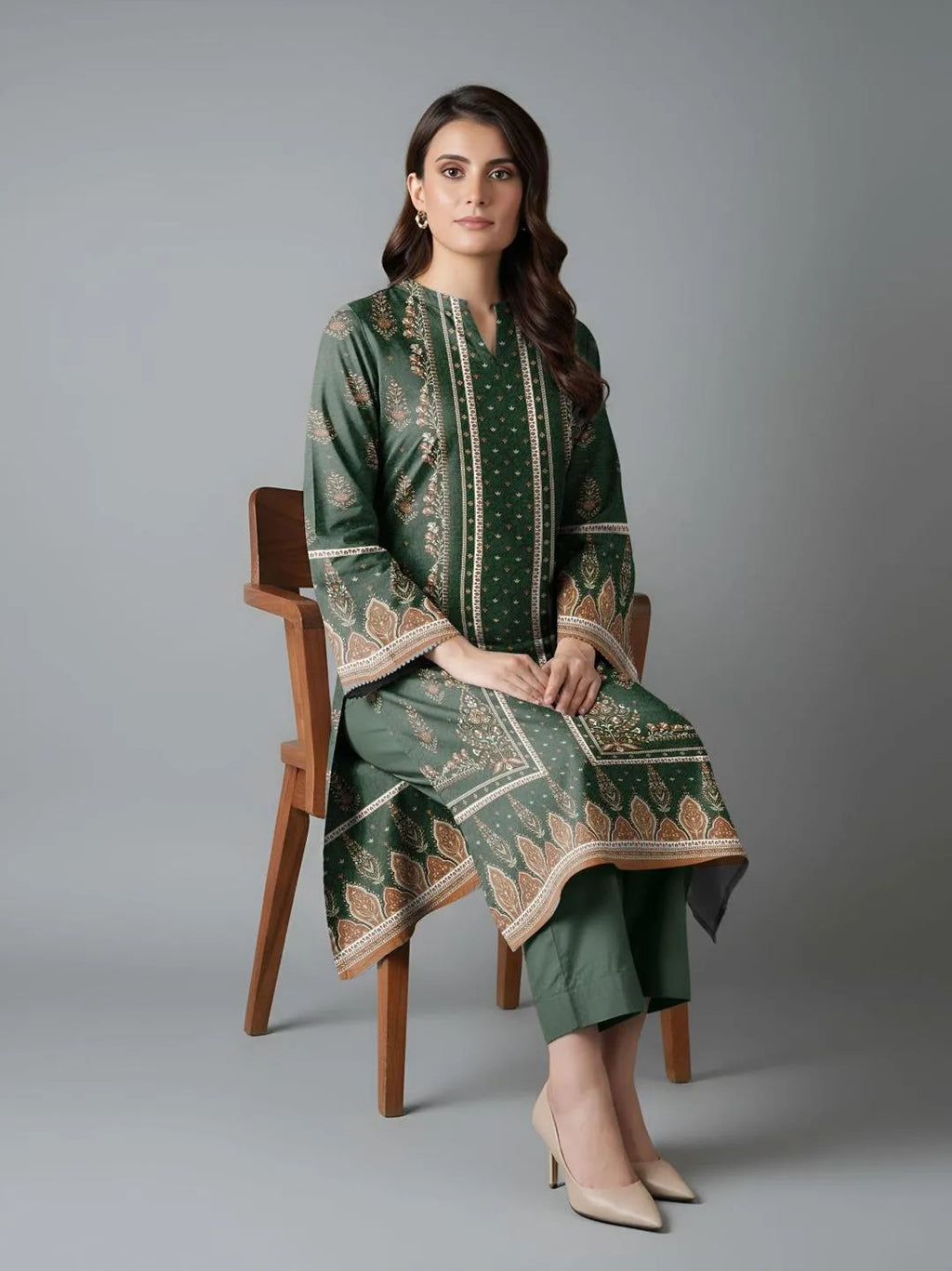 Green Printed Dobby Lawn 3Pcs Shirt Dupatta Set